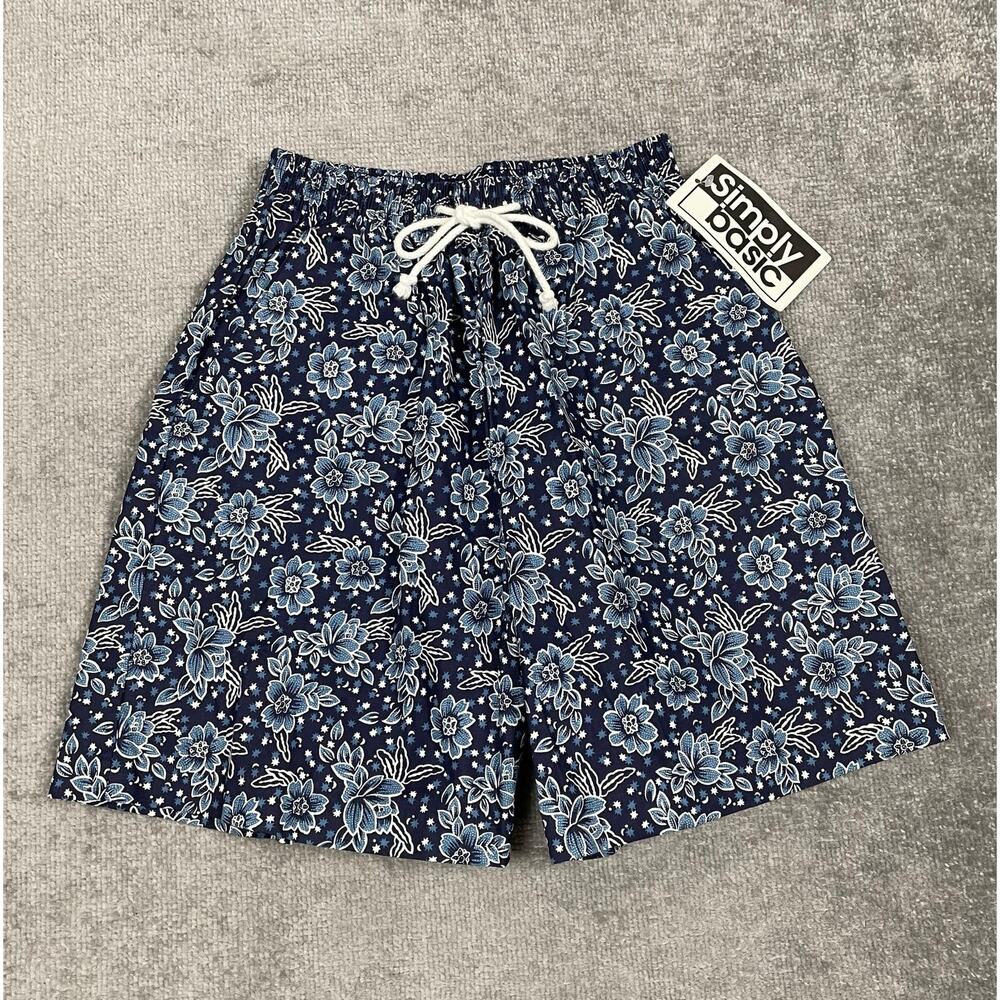 NWT Vintage 90s Simply Basic Floral Shorts Blue Retro Elastic Waist Pockets